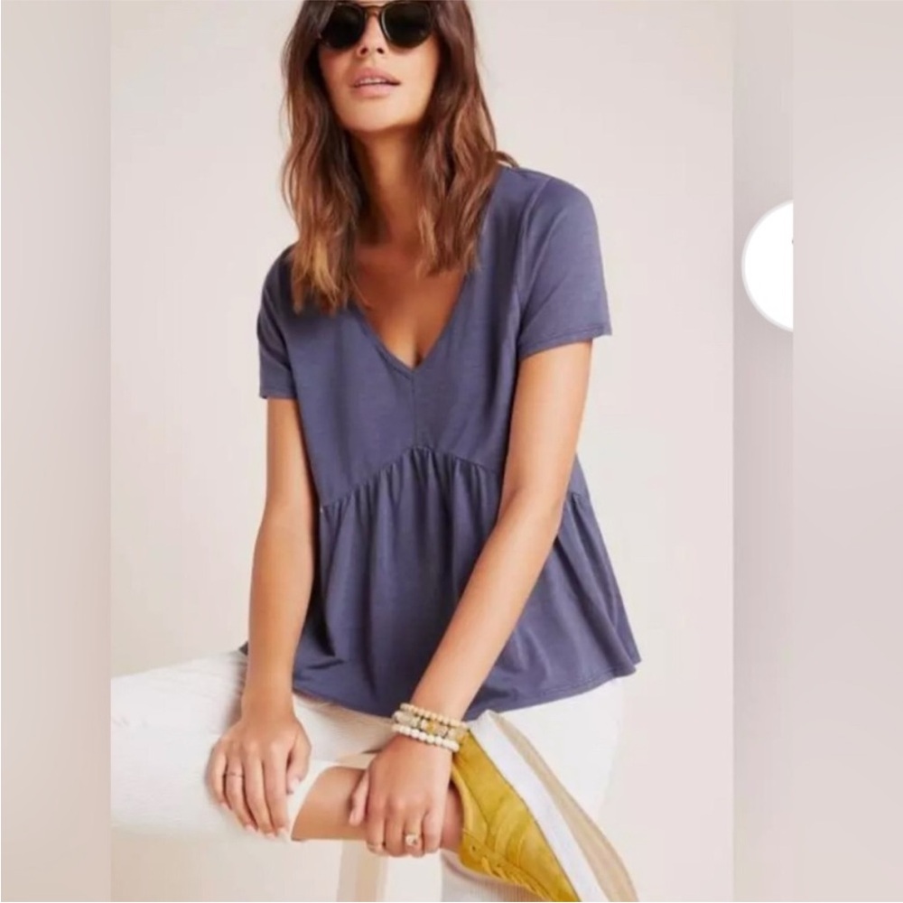 Anthropologie Short Sleeve V-Neck Peplum Tee in Slate Blue